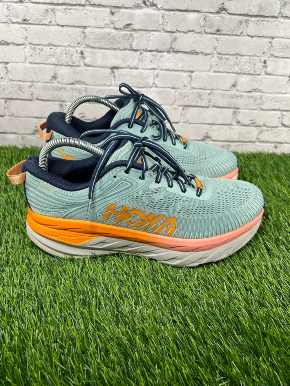 Hoka Women's Mint Green Navy Orange Coral Running Sneakers - Picture 2 of 10